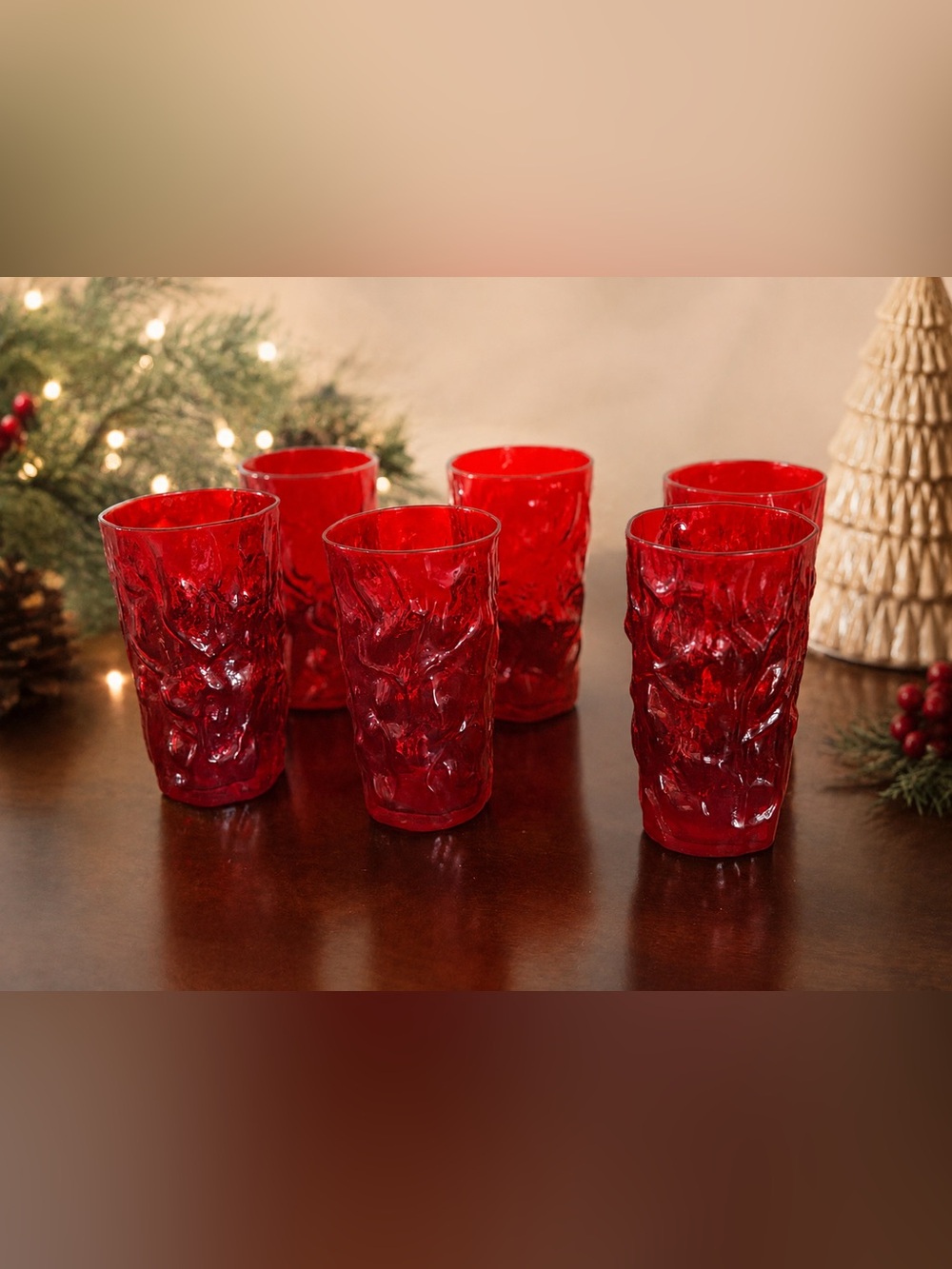 Set of 6 Vintage Morgantown Seneca Driftwood Red Textured Glass Tumblers